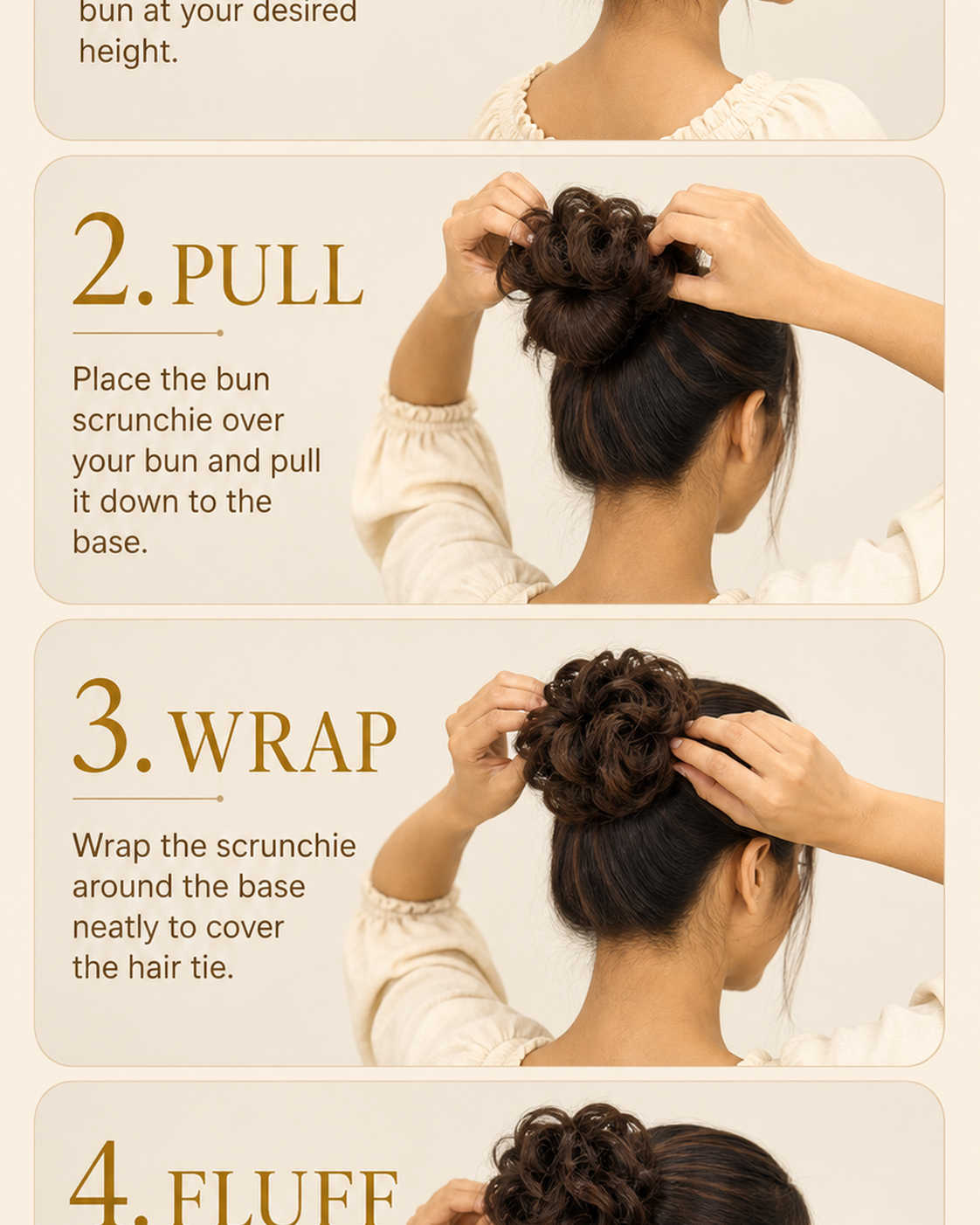 Hair Donut Bun Maker, Volumising Scrunchie - step by step how to use guide