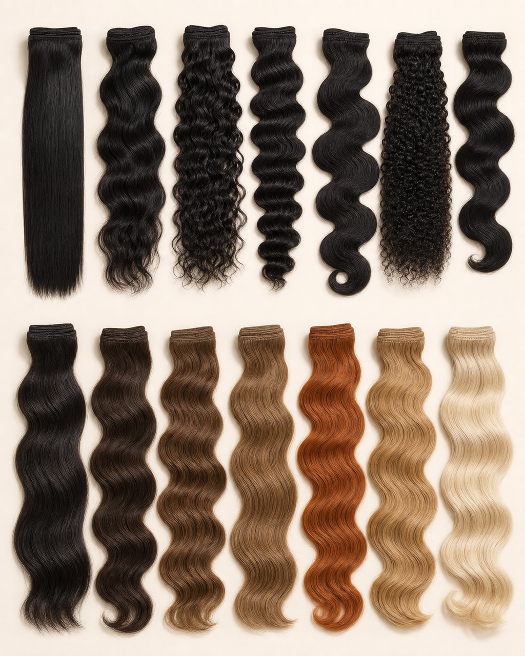 Human Hair Weft, Bulk Hair for Extensions - colour and texture chart