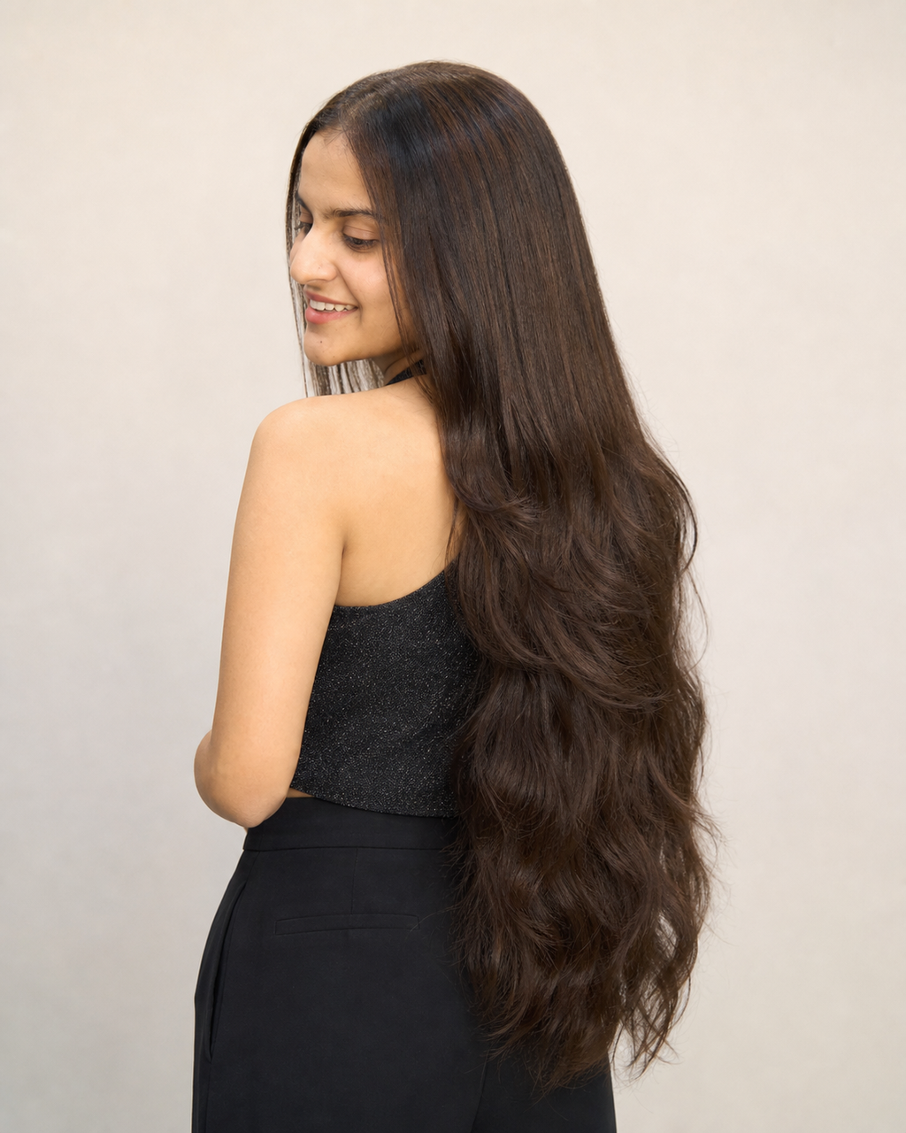 Human Hair Weft, Bulk Hair for Extensions - worn result on model