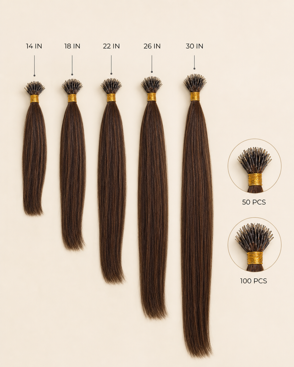 Nano Tip Hair Extensions, 100% Human Hair - length comparison
