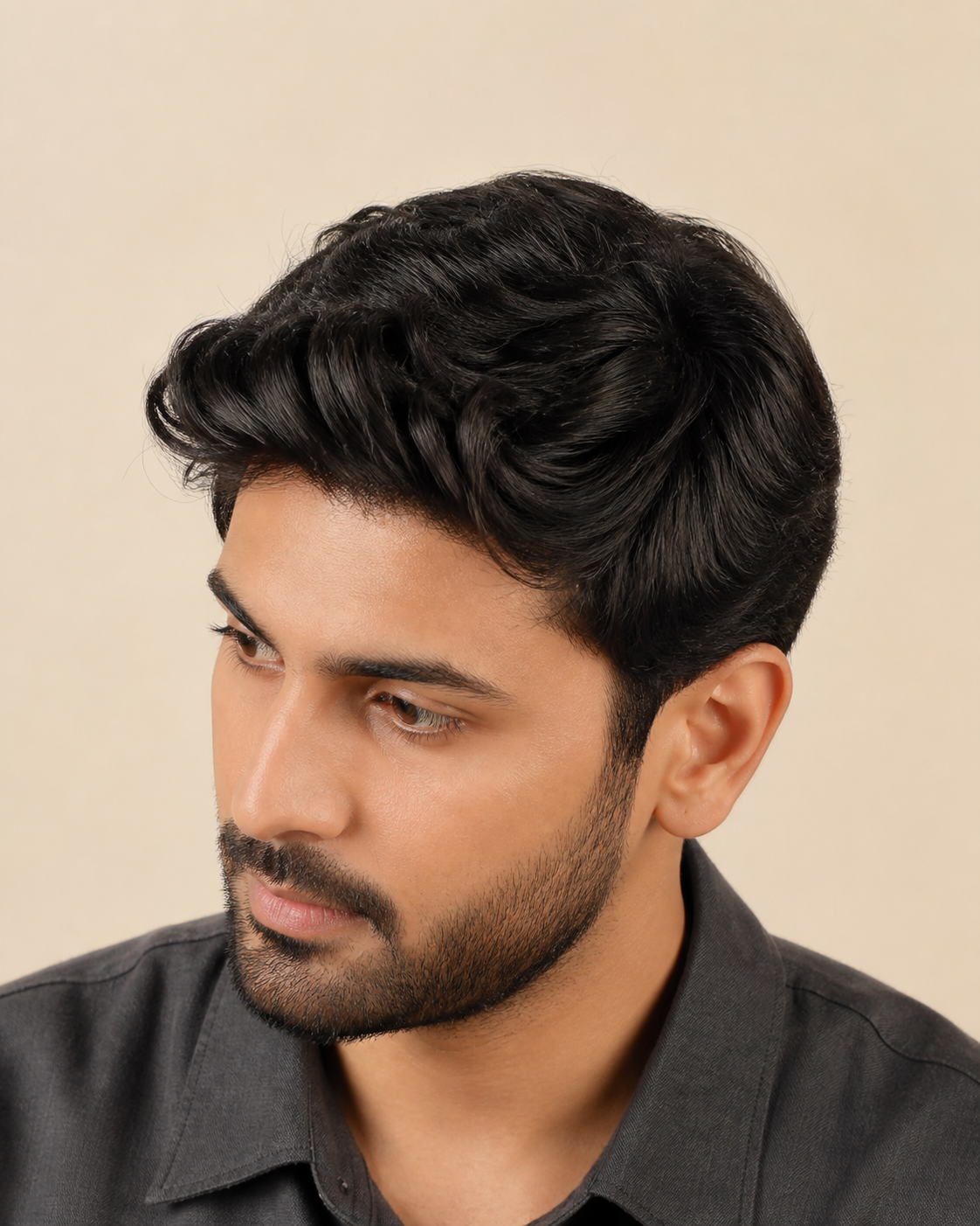 Premium Mono Hair Patch for Men, 100% Human Hair - close-up of the temple blend