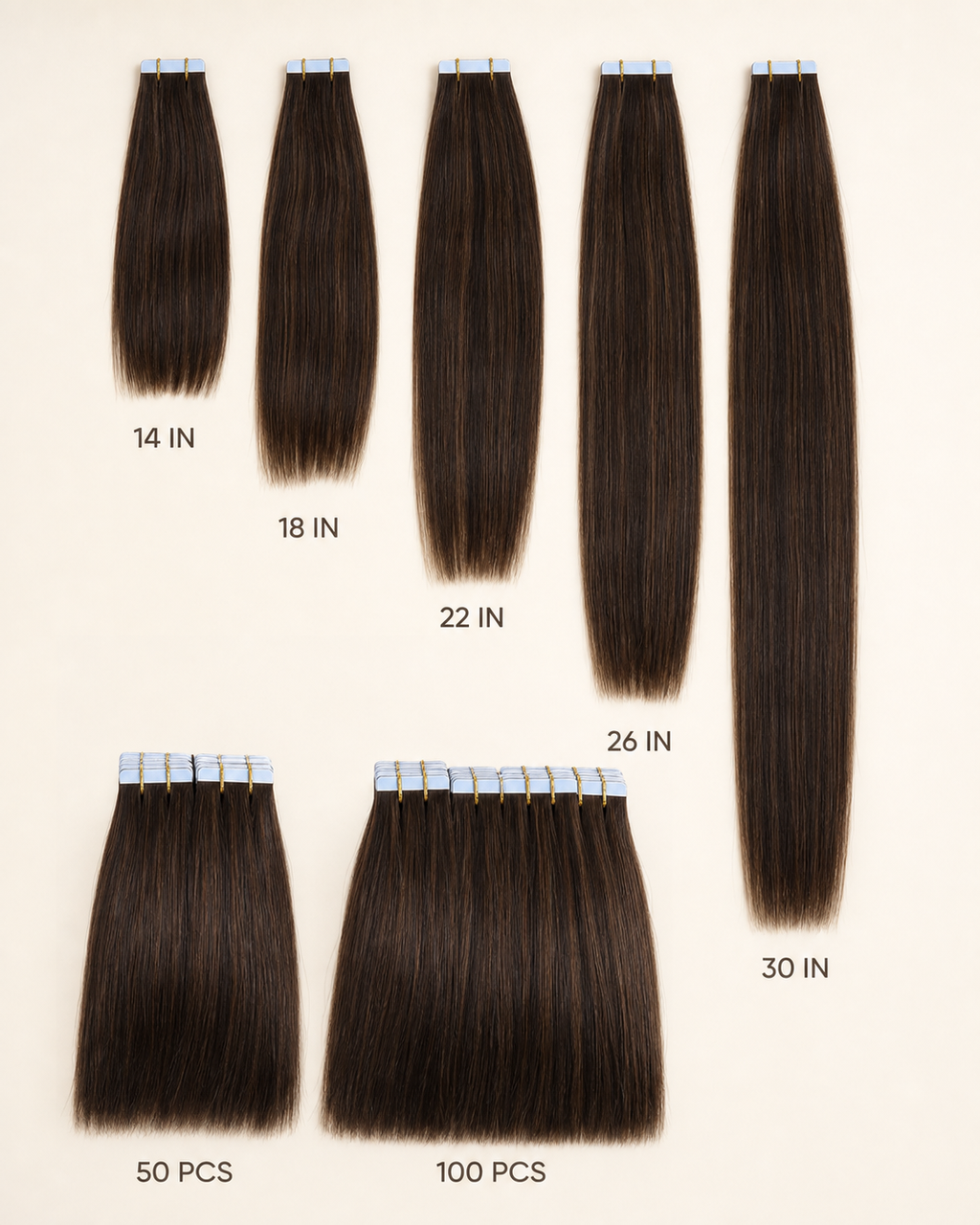 Tape-In Hair Extensions, 100% Human Hair - length comparison