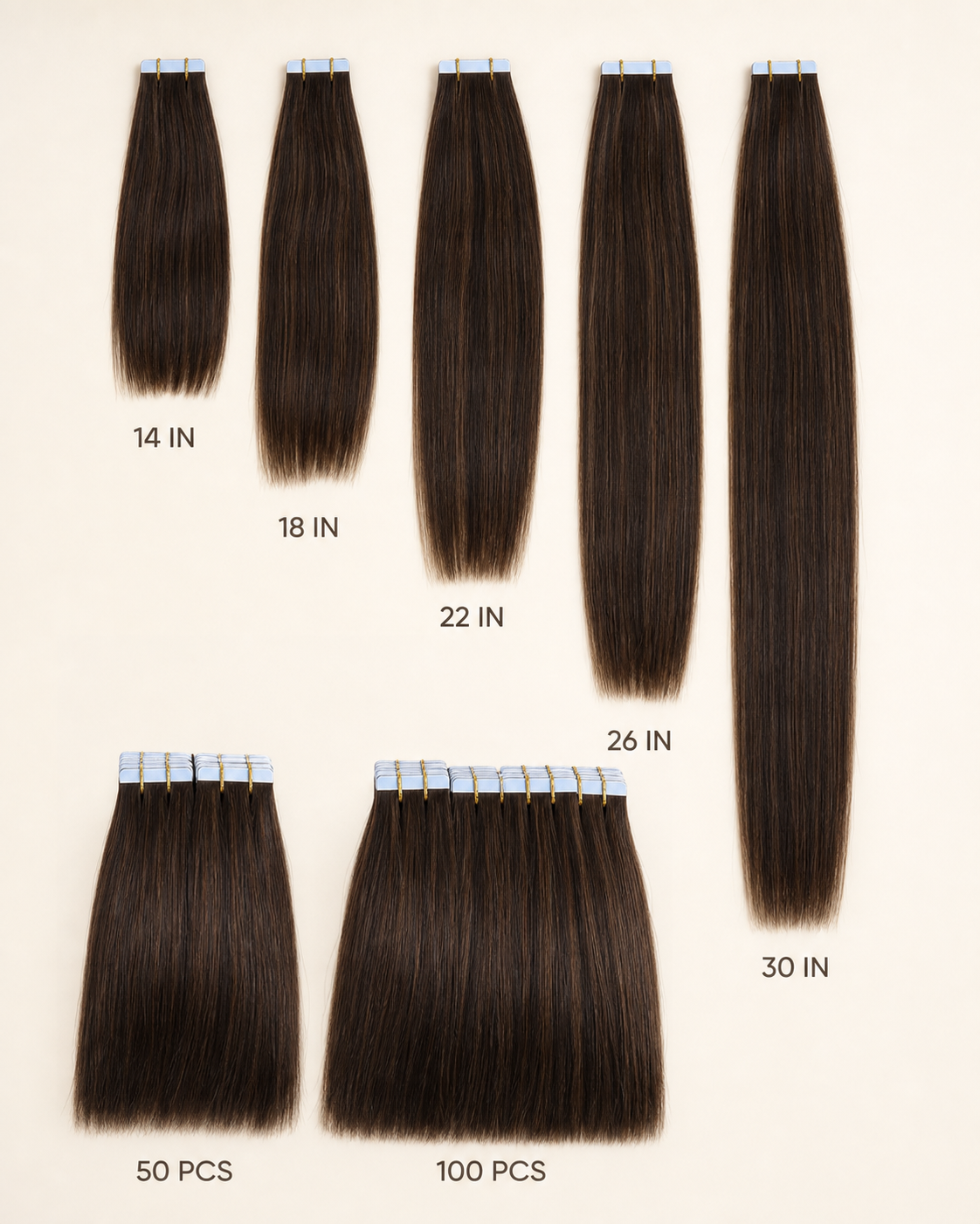 Tape-In Hair Extensions, 100% Human Hair - length comparison