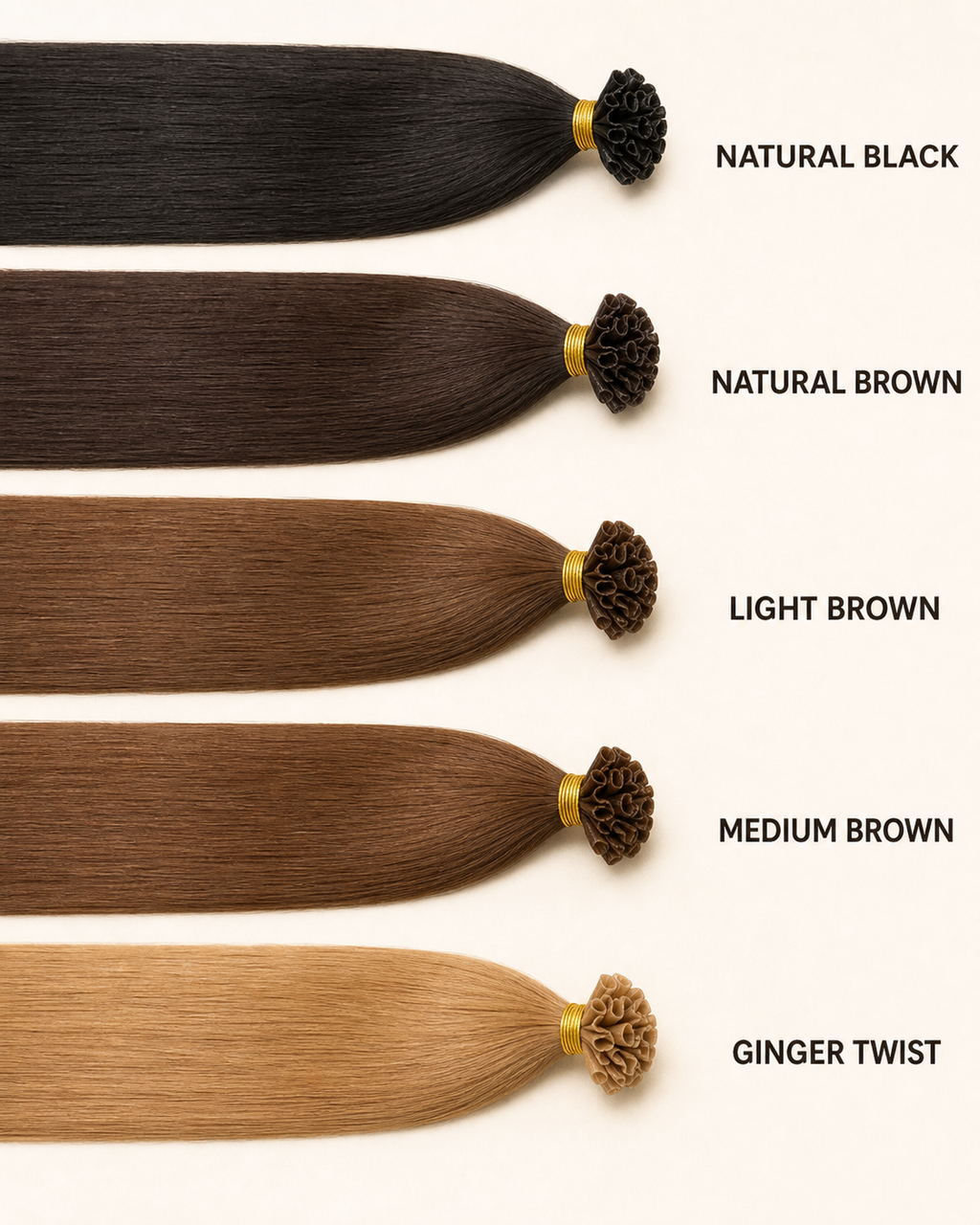 U-Tip Keratin Hair Extensions, 100% Human Hair - colour and texture chart