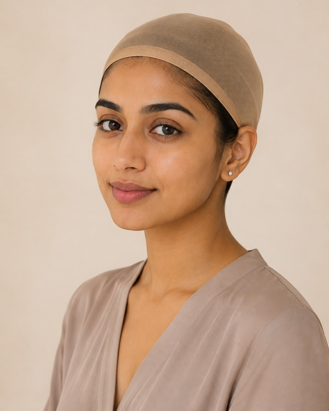 Model 2 wearing the nude beige breathable wig cap