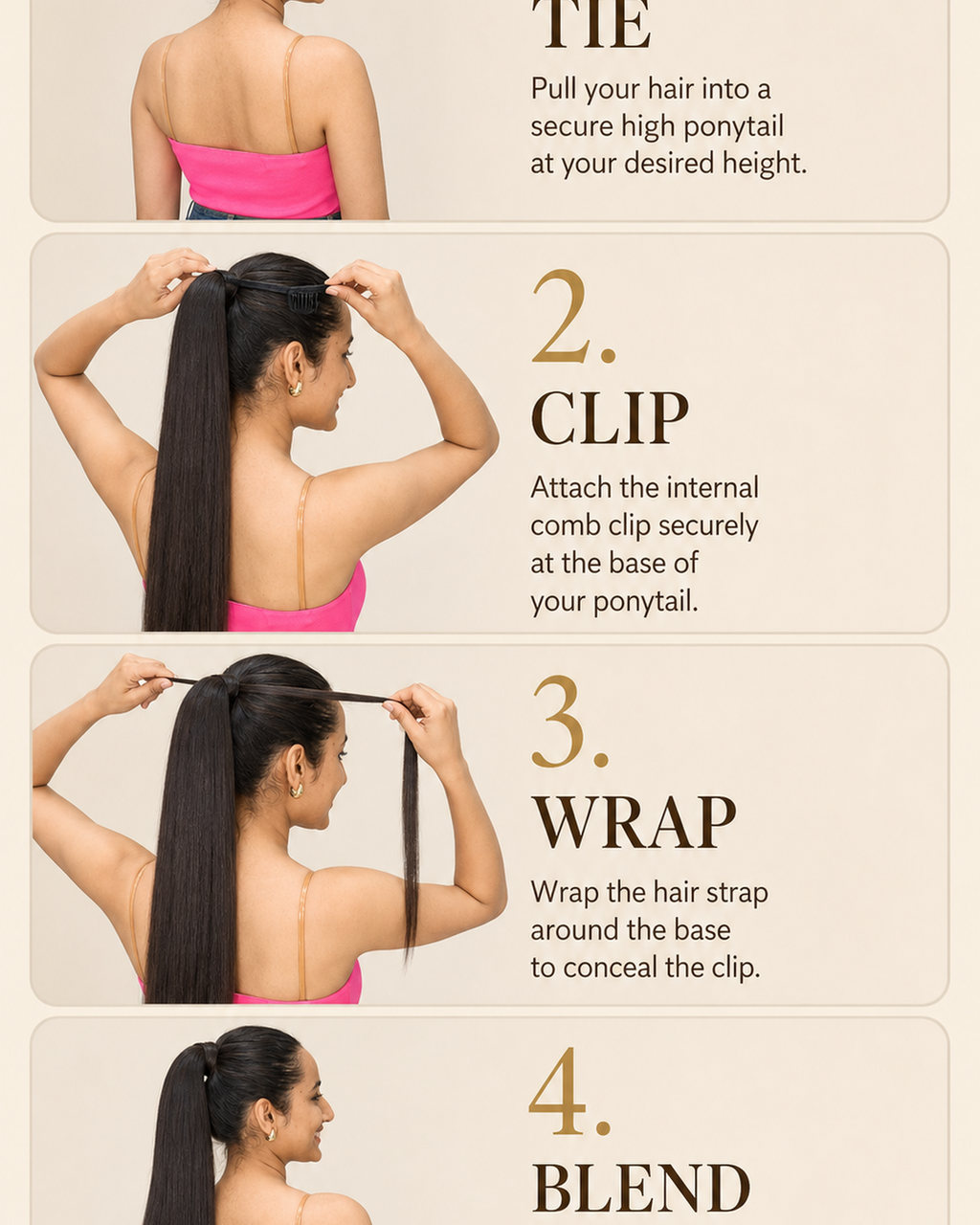 Wrap-Around Ponytail Extension, Luxe Clip-In - step by step how to use guide